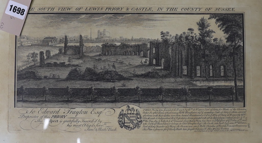 S & N Buck, engraving, View of Lewes Priory and Castle 1737, overall 26 x 45cm, and an engraving Lewes in MCCLXIV, 11 x 38cm